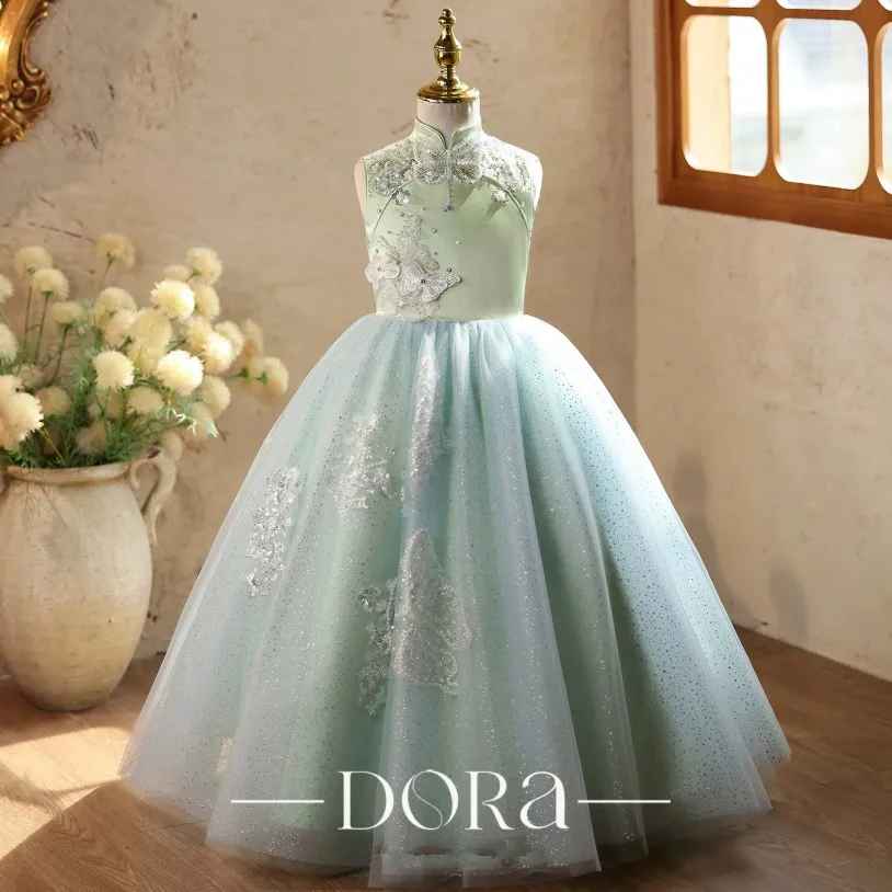Mädchen-Abendkleid Grün Ärmellos Spitze Tüll Festkleid Kinder Hochzeit Geburtstag Party Ballkleider Für Mädchen A5094 – Detail 3