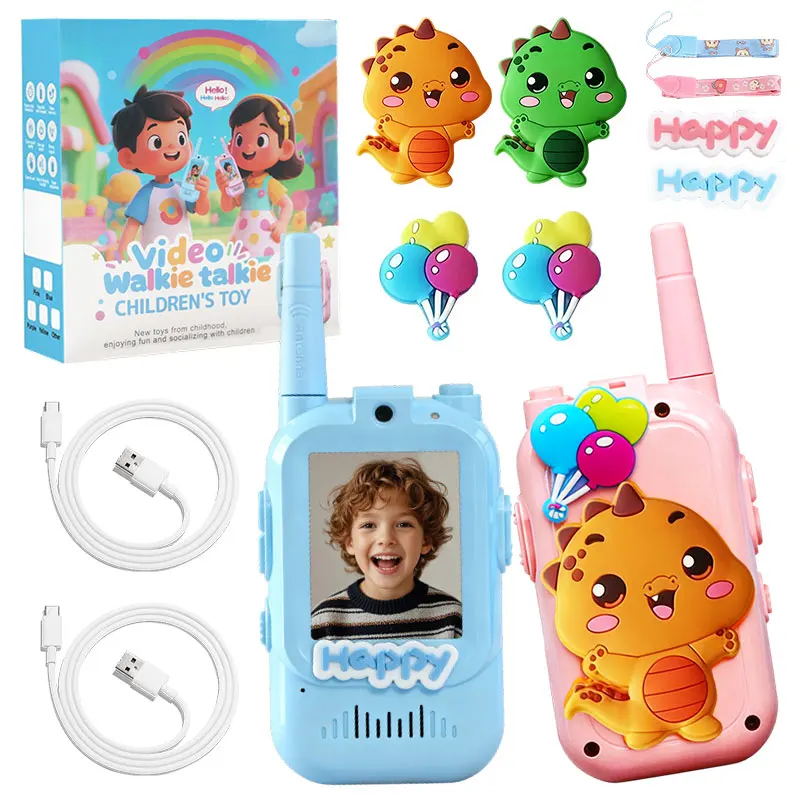 Video Walkie Talkie per bambini Confezione da 2 giocattoli ricaricabili Adesivi adesivi morbidi per piccoli dinosauri fai-da-te per regali da viaggio in campeggio al coperto