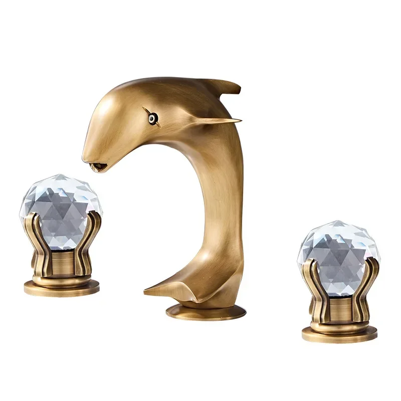 

Antique all-copper European double handle three-hole basin hot and cold faucet bathroom cabinet washbasin crystal handle cr