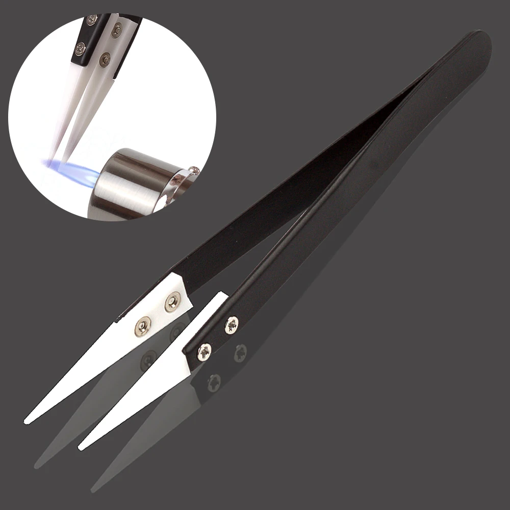 Anti-static Tweezers Ceramic Tweezers with Stainless Steel Handle Straight Aimed Tweezers Heat Resistant Tweezer Silver Black