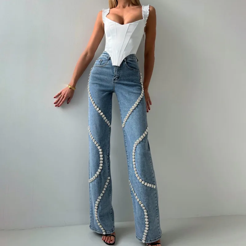 Design Surrounds Rhinestone Jeans Women 2024 Autumn New Cotton Loose Straight Pants Fashionable Pop Classic Washed Blue Trousers