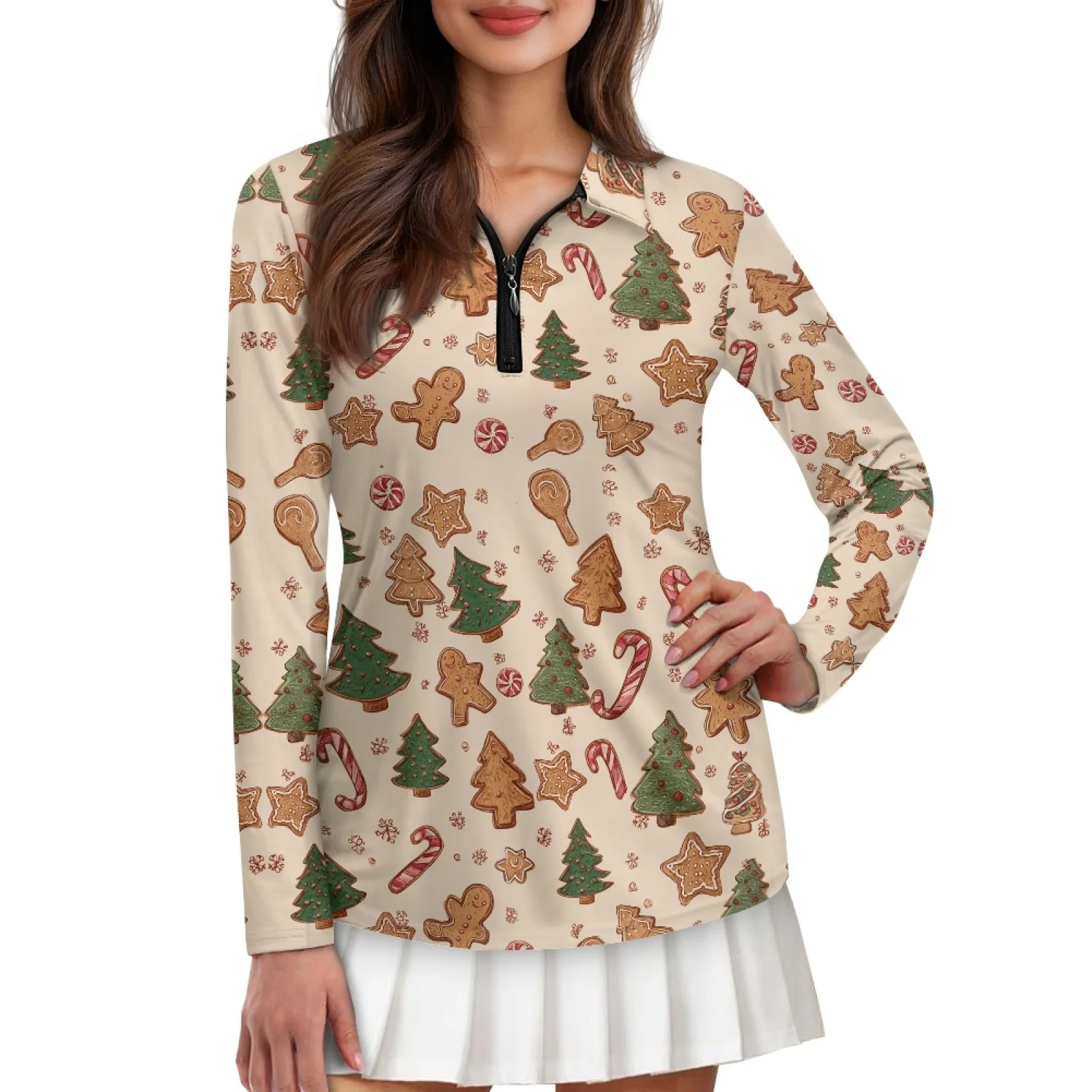 PENSTROLL Gingerbread Cookie Womens Stretchy Athletic Tennis Shirts Long Sleeve Golf Polos Shirts for Vacation