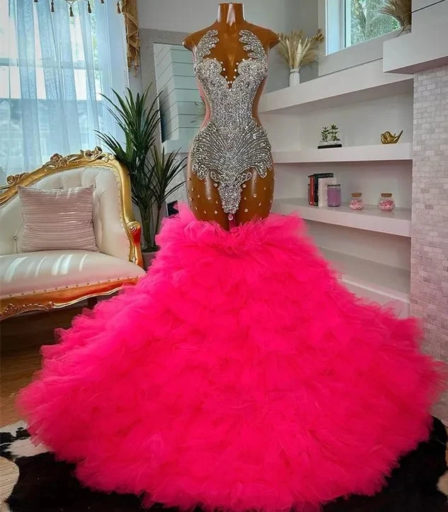 

Fuchsia Aso Ebi African Evening Dresses Mermaid Sheer Tulle Beaded Long Ghana Nigeria Black Girls Prom Dresses Evening Gown