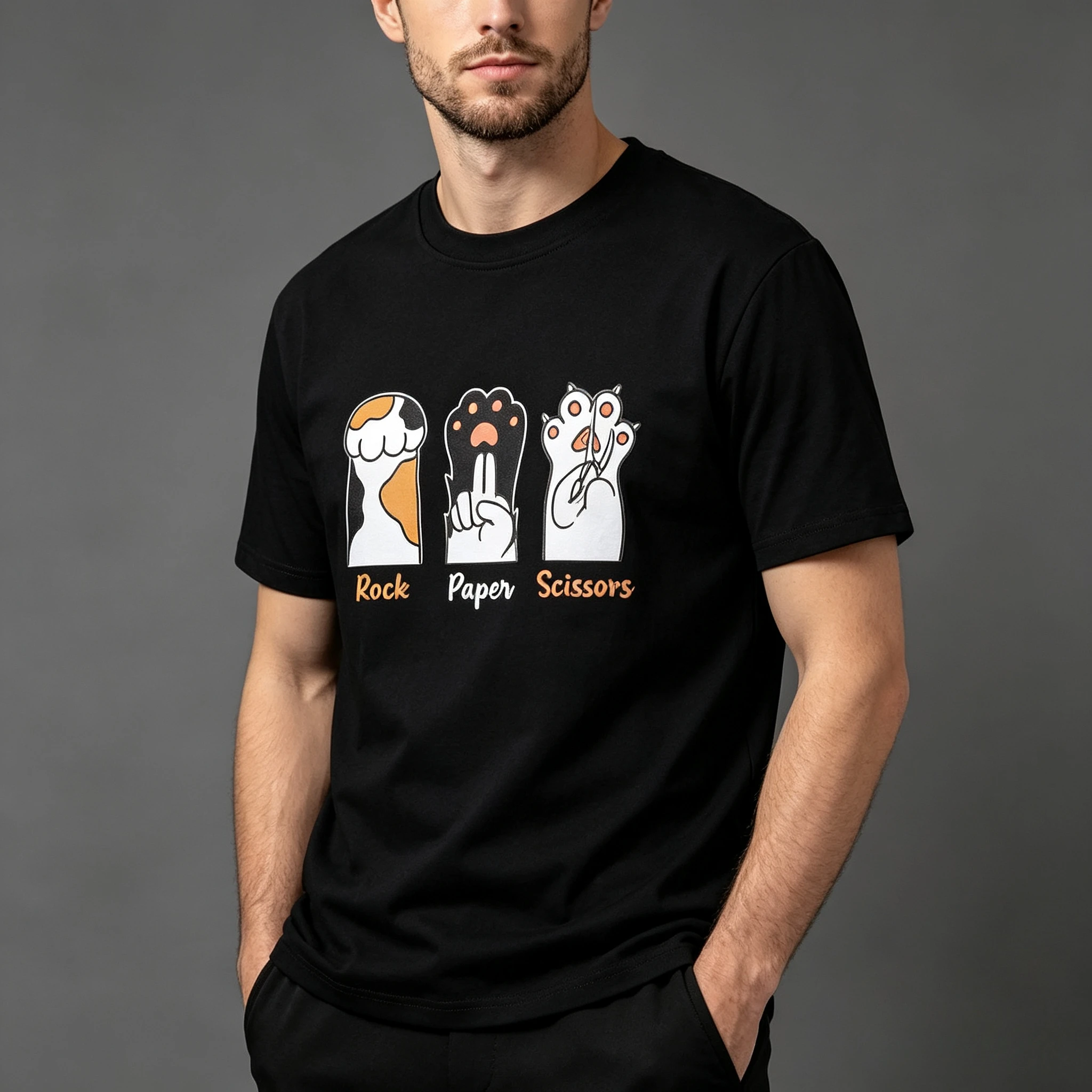 Rock Paper Scissors Cat Paw Print Men T-Shirt, Cute Funny Cat Graphic Tee, Casual Short Sleeve  Shirt for Daily Streetwear