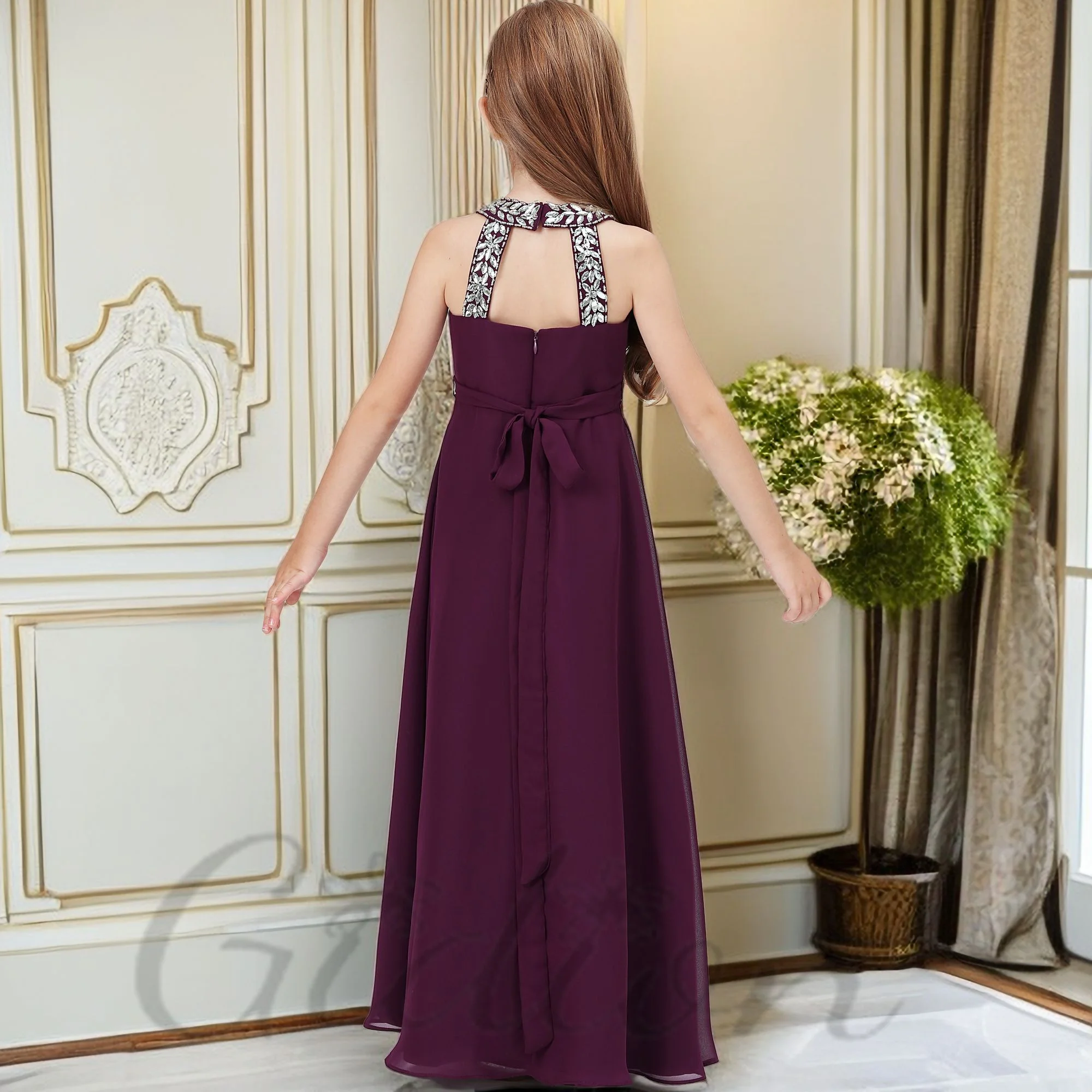 A-Line Floor-Length Chiffon Junior Bridesmaid Dress For Children Evening Birthday Party Ceremony Ball-Gown Pageant Prom Event