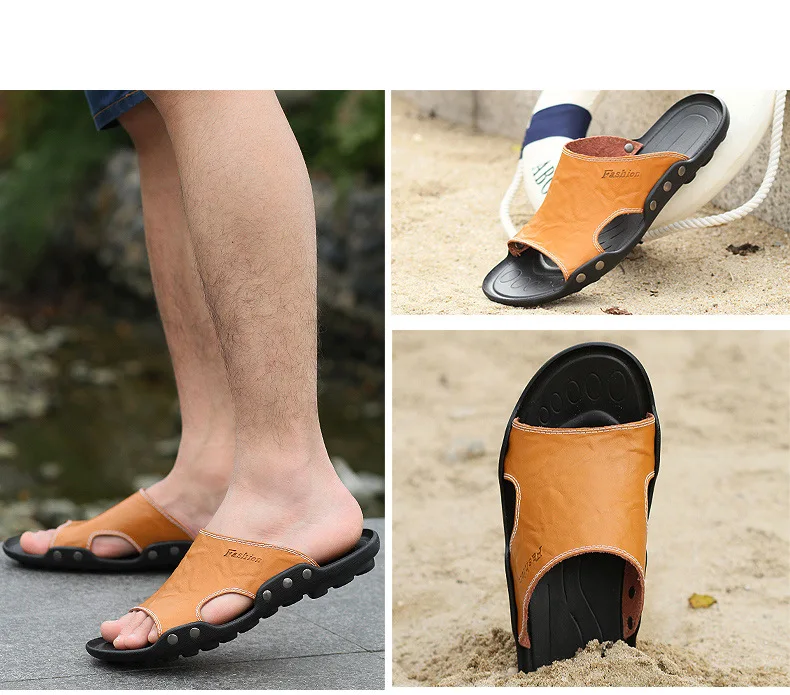 Big Size Men Slippers Summer Fashion Genuine Leather Casual Slides Street Fashion Beach Shoes Black Cow Leather Sandals