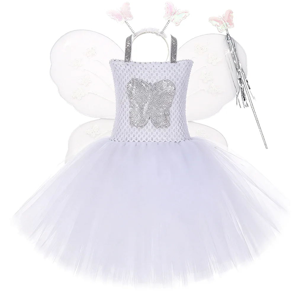 White Butterfly Fairy Costume for Girls Christmas Halloween Birthday Dress Up Outfit with Wings, Antenna Headband & Fairy Wand