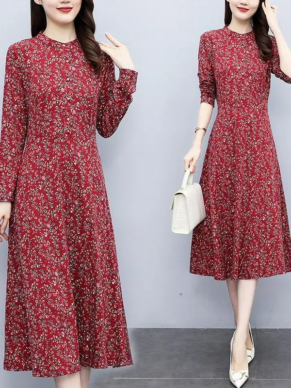 Spring Autumn New Korean Style Long Sleeve Midi Dress Loose plus Size A-Line Skirt for Middle-Aged And Elderly Women