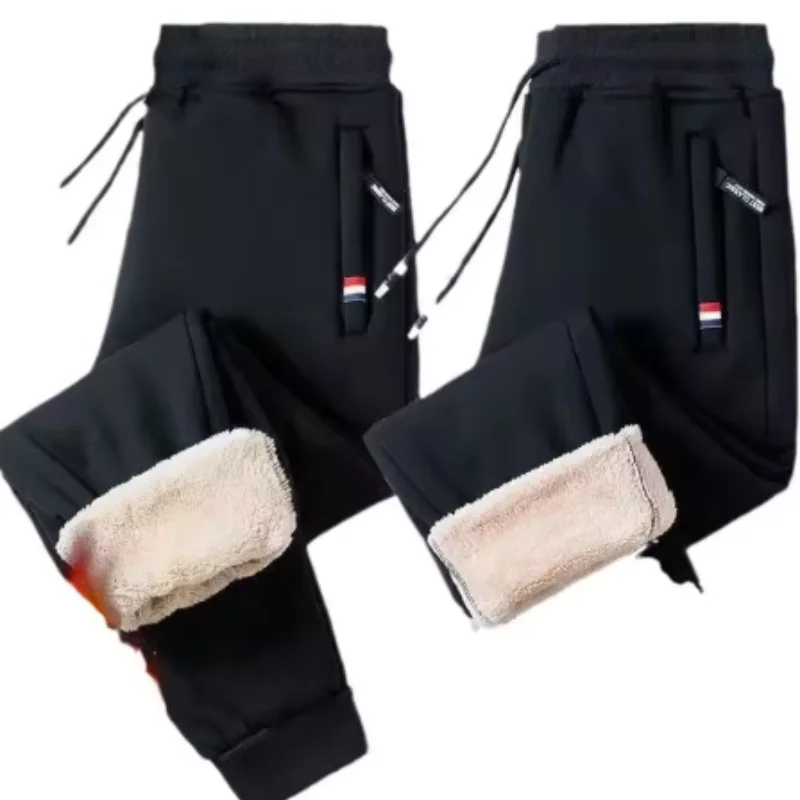 سراويل رياضية شتوية كاجوال للرجال مع بطانة قطيفة وسميكة، خصر مرن، سراويل بمقاس كبير، سراويل دافئة وفضفاضة #5