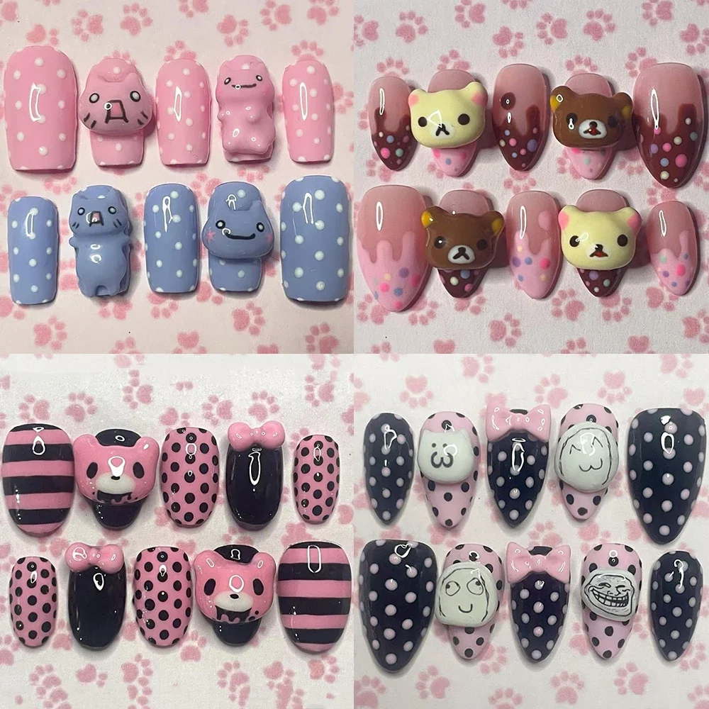 

10Pcs Kawaii 3D Anime Rilakkuma Handmade Fake Nail Bowknot Dessert Chocolate Cake Pearl Nail Party Sticker