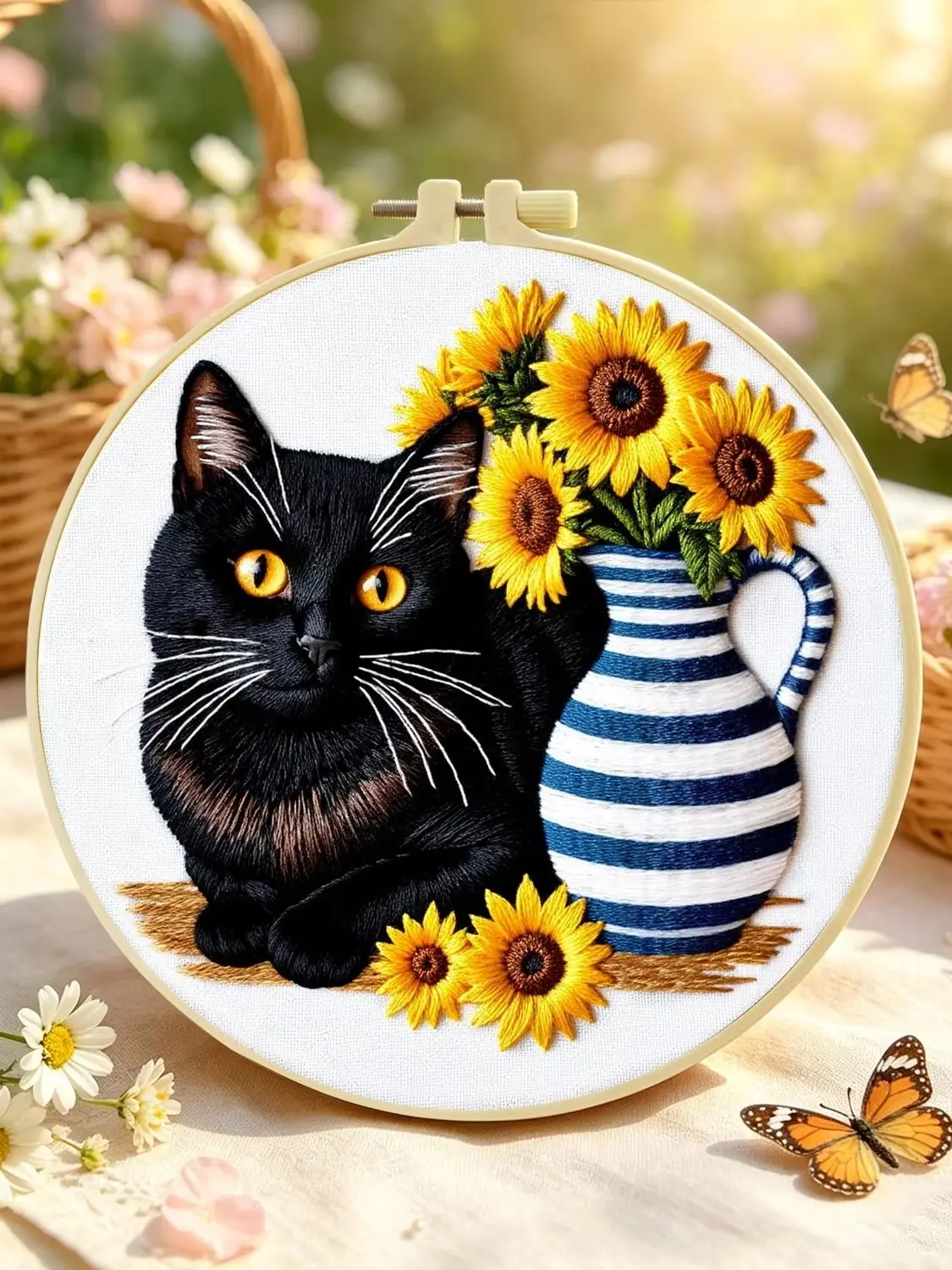 1 Set Sonnenblumen-Vase Schwarze Katze DIY-Stickerei-Set für Anfänger, Stickerei-Starter-Kit, Kreuzstich-Kunstgeschenk, Handarbeits-Bastelset – Detail 1