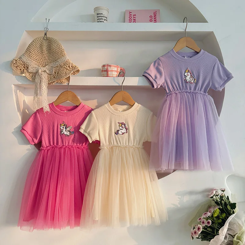 2025 New Kids Summer Clothing Casual Dress For Girls Splicing Mesh Princess Dress Unicorn Short Sleeve Children'S Dress 1-6 Year