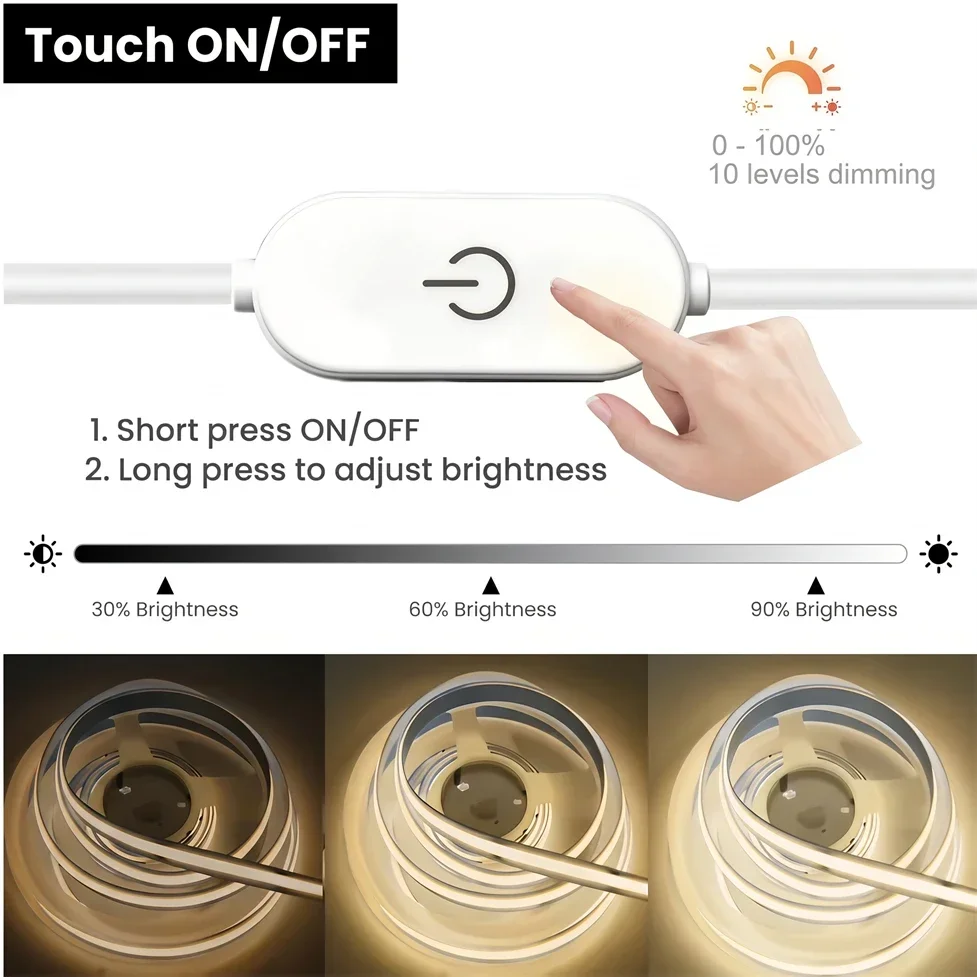 0.5-5m USB 5V COB LED Strip Light Dimmable Flexible Tape Lamp with Touch / Hand Sweep / Button Switch for Cabinet Home Decor