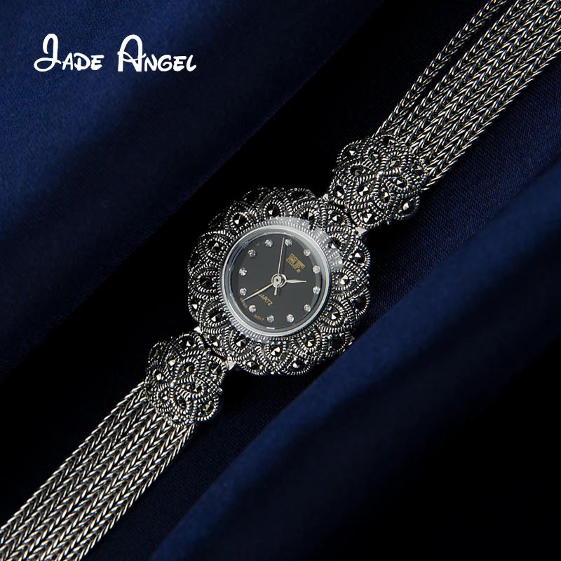 JADE ANGEL 925 Sterling Silver Sunflower Quartz Wristwatch Stylish Chic Ladies Marcasite Watch with Wheat Strand Fine Jewelry