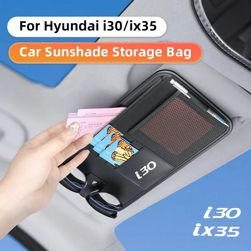 Car Sun Visor Organizer Storage For Hyundai ix35 i30 Auto Sunshade Business Card Holder CD DVD Sunglasses Clip Stowing Tidying