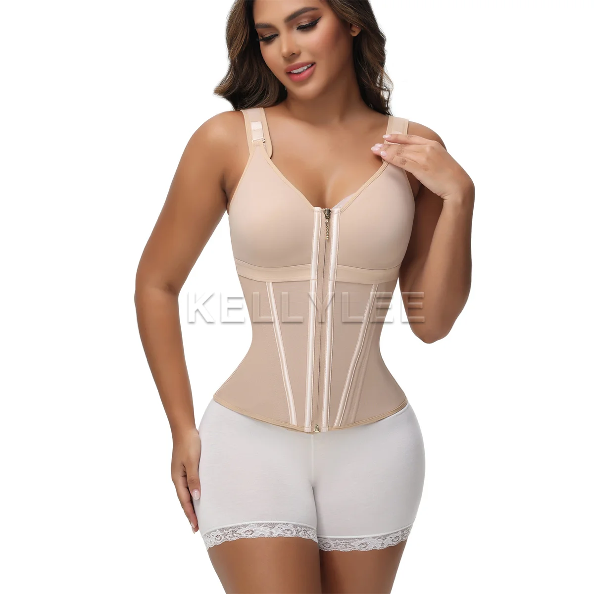 Seamless Shaped Up Girdle Body Shaper with Bra Front-Zipper Fajas with shoulder Straps 2024 Modeling Tummy Belt Waist Trainer