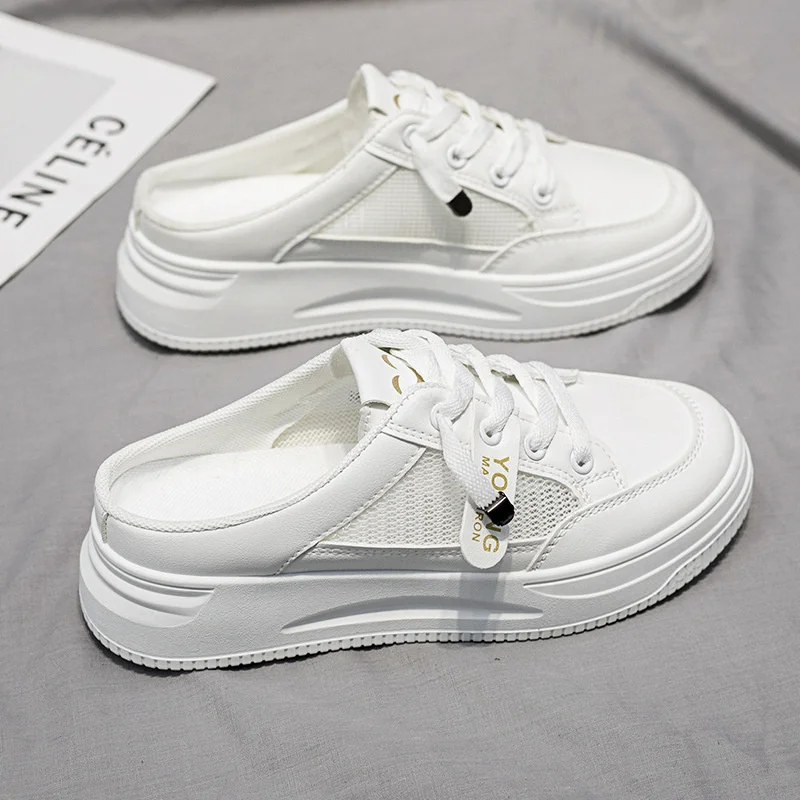 2023 Women Shoes Canvas Tenis Casual Half Slippers Flats Female White Mules Backless Sneakers Mesh Breathable Fashion Loafers