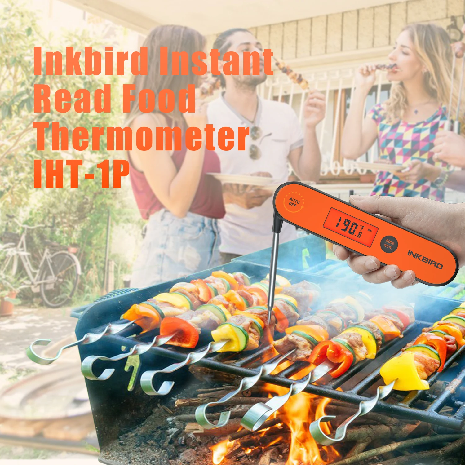 INKBIRD IHT-1P 1X Meat Handheld Thermometer Waterproof Rechargeable with Backlight & Calibration with Folding Probe for Fry BBQ