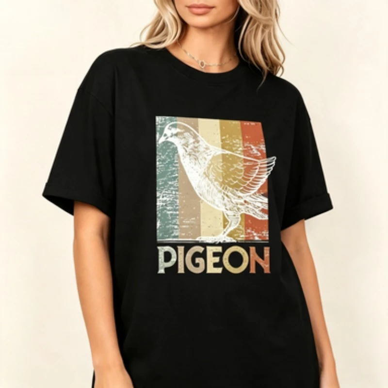 Vintage Style Women Cotton Tshirt Distressed Pigeon Outline Print Retro Color Block Bird Graphic Casual Daily Short Sleeve Tees