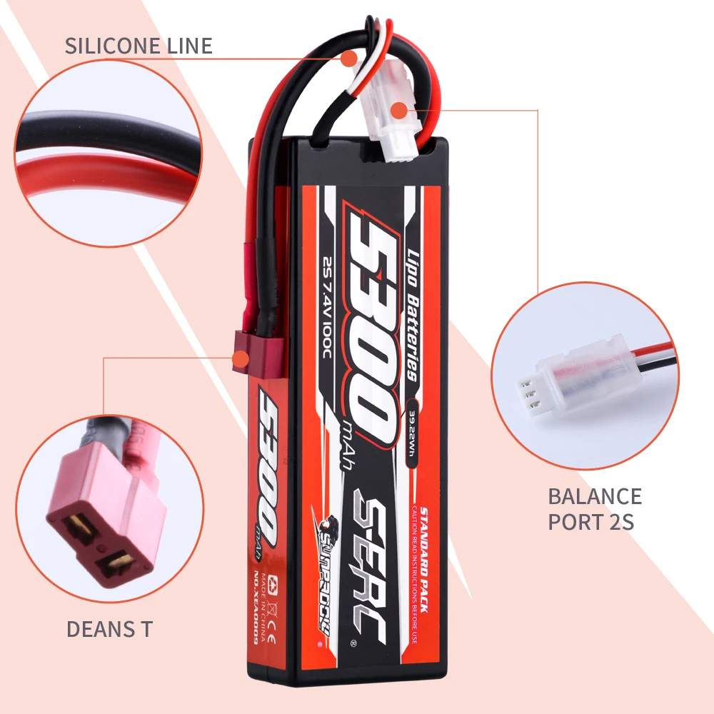 SUNPADOW 5300mah 2S lipo baterie pro 7.4V T kolíček 100C natvrdo pouzdro s RC auto hoblík DJI kamion komora bryčka závodní loď modelů 2 pack