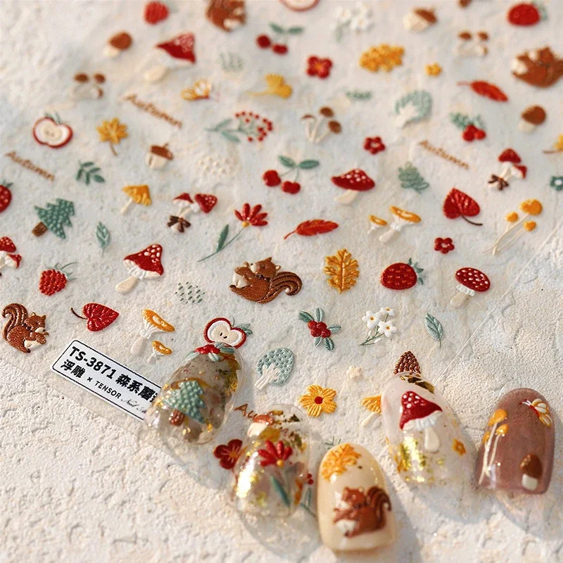 5D Autumn Mushroom Butterfly Flower Apple Strawberry Cherry Pinecone Ginkgo Leaf Nail Art Sticker Self Adhesive  Manicure Decals