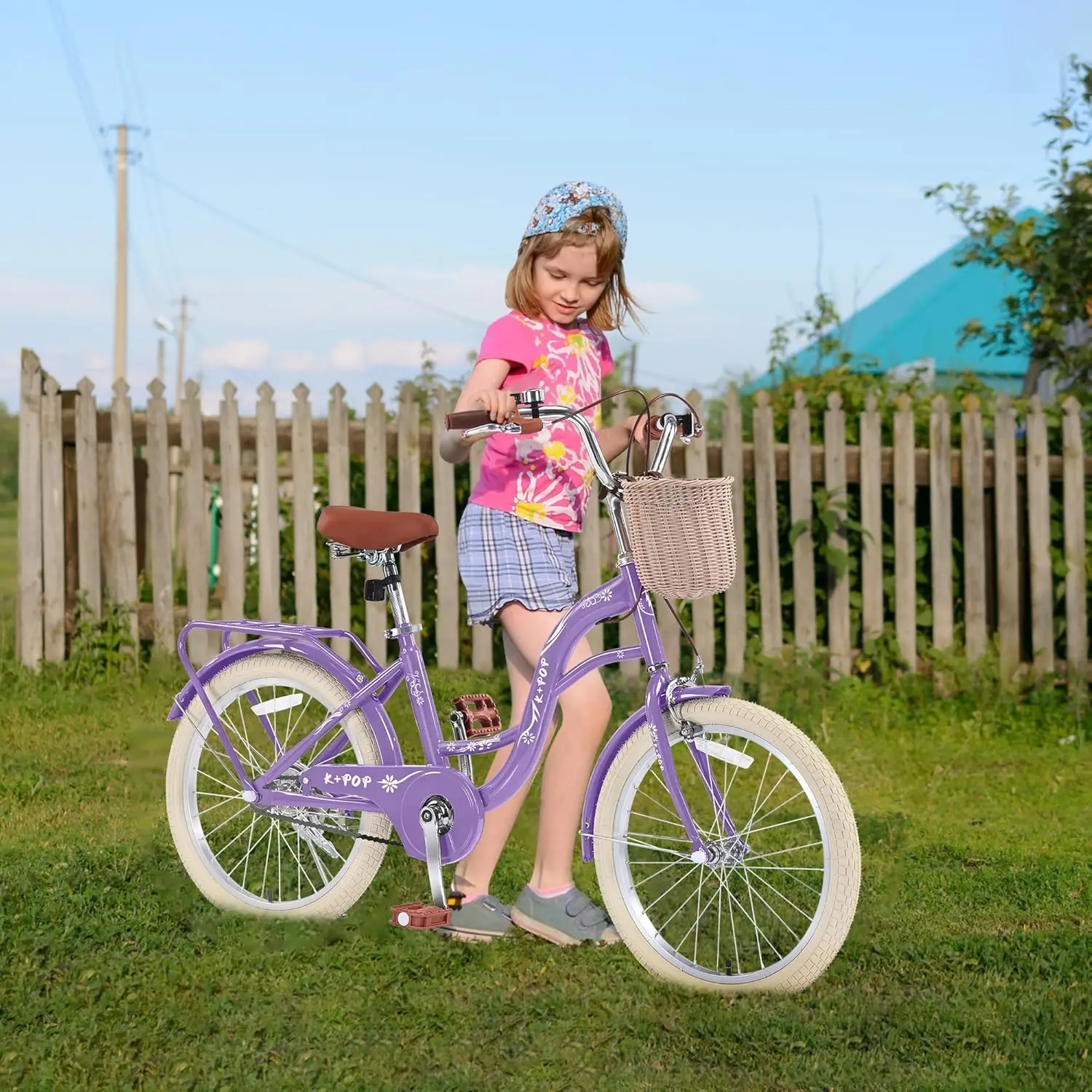Meisjesfietsen voor kinderen van 8 tot 12 jaar, 20 inch kinderfiets voor jongen en meisje met standaard, retro kinderfietsen met mand, Bea
