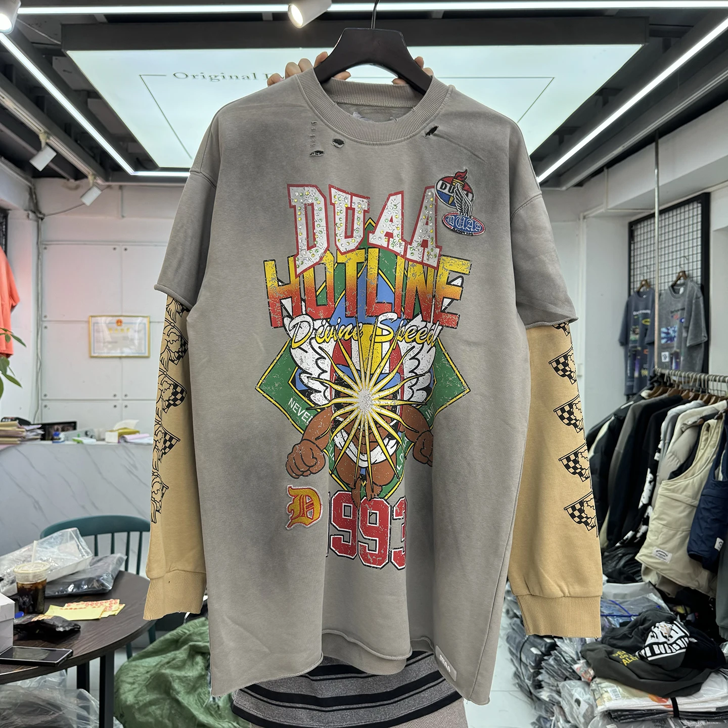 

High Street Style T-Shirt with Embroidered Letter Print And Rhinestone Fake Two-Piece Long Sleeve Hole Design Cotton Breathab...