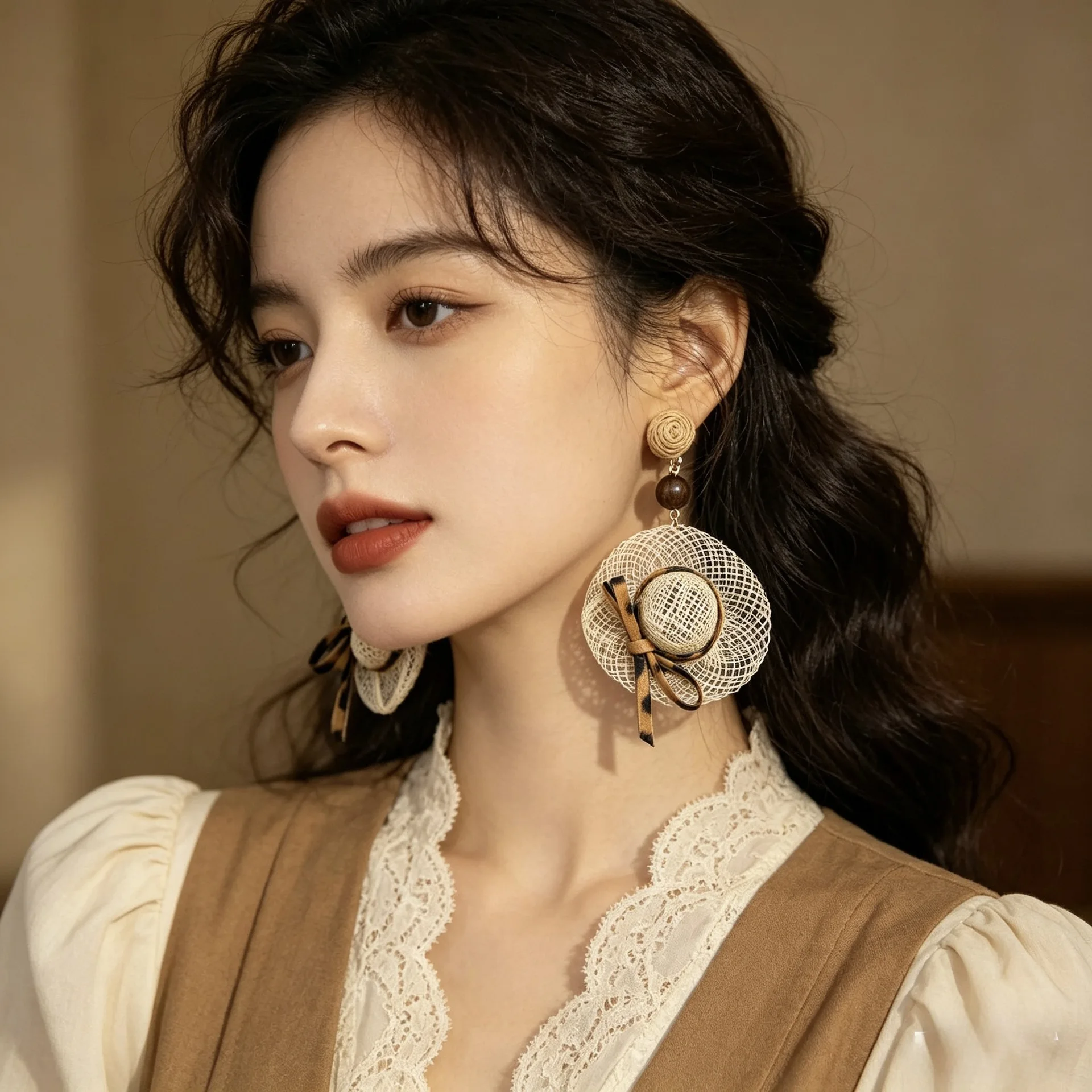 Bohemian straw hat leopard print bow earrings retro niche vacation style atmosphere design earrings