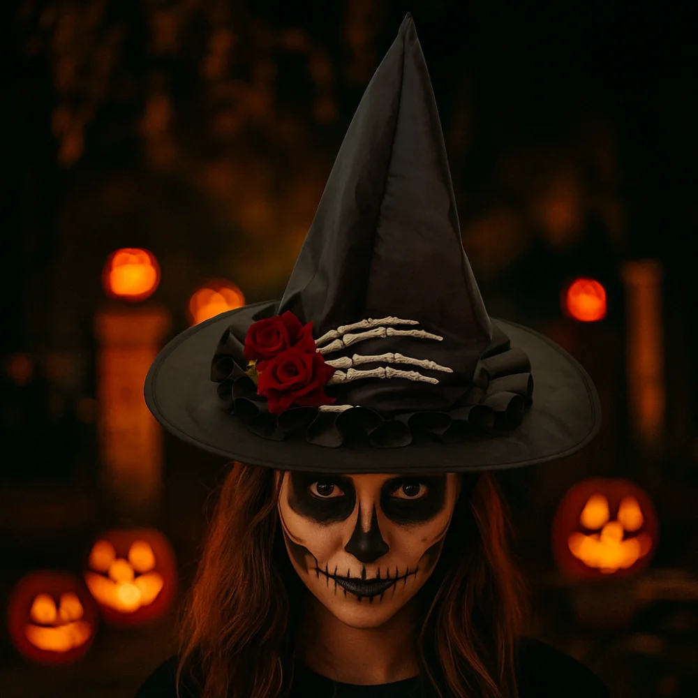 

Casual Style Skeleton Hand Skull Wizard Cap Flower Black Halloween Witch Hats Decoration Oxford Witch Hat Adult