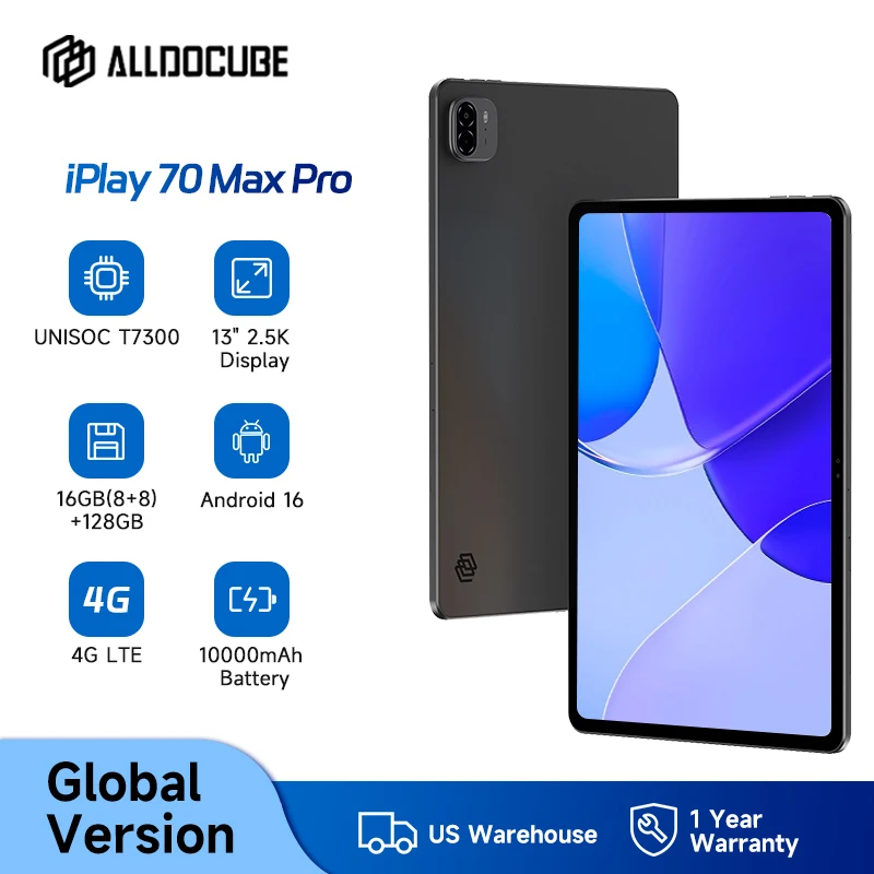 ALLDOCUBE iPlay 70 Max Pro Tablet 13'' 2.5K Dsiplay Unisoc T7300 16GB RAM 128GB ROM Android16 10000mAh 4G LTE Tablet