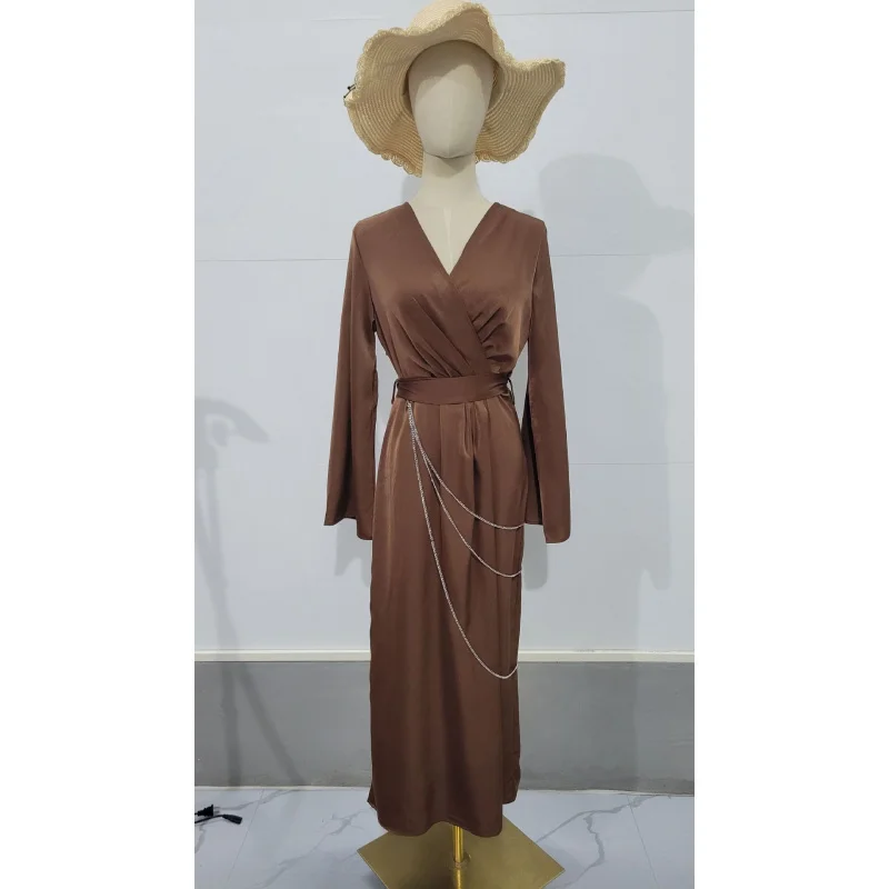 Women's Clothing2025Spring New Long Dress Elegant Long Waist-Cinching Chain Solid Color Satin Dress