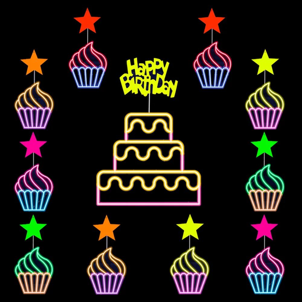 10-11 Pcs Neon Party Supplies Glow in The Dark Happy Birthday Cake Topper Fluorescent Luminous Cupcake Decoration Need UV Light