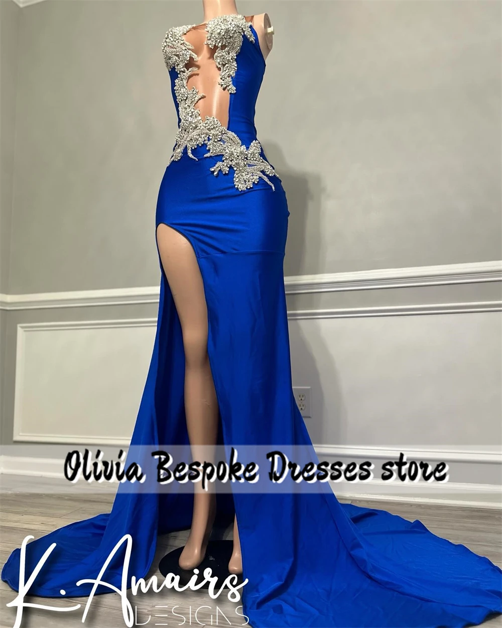 High Split Royal Blue Mermaid Prom Dresses Beaded Rhinestone See Thru 2025 Birthday Luxury CustomizedFor Black Girls Customized
