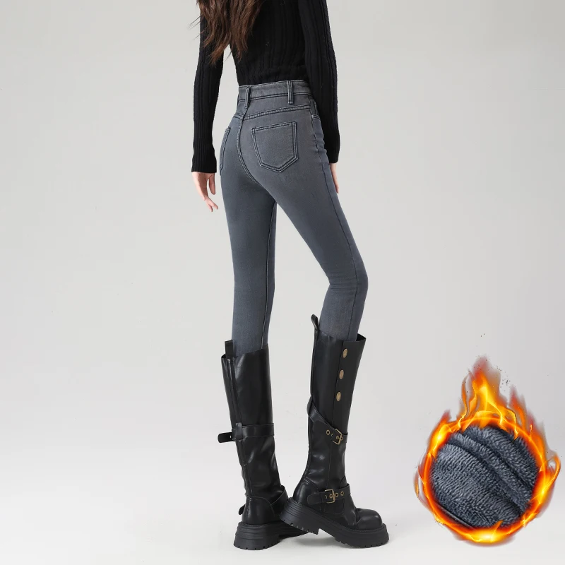 Frauen Fleece Warme Winter Jeans Verdicken Elastische Dünne Bleistift Hosen Mode Koreanische Dünne Plüsch Thermo Leggings Hosen – Detail 23