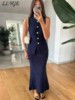 Elegante malha colete saias define feminino fino o pescoço único breasted coletes sólido hip pacote saias 2025 primavera senhora férias outfits