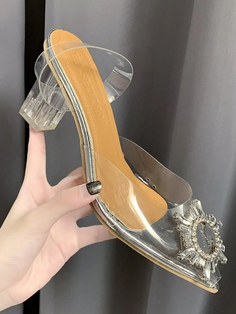 Sunflower crystal and pointed toe toe high-heeled sandals