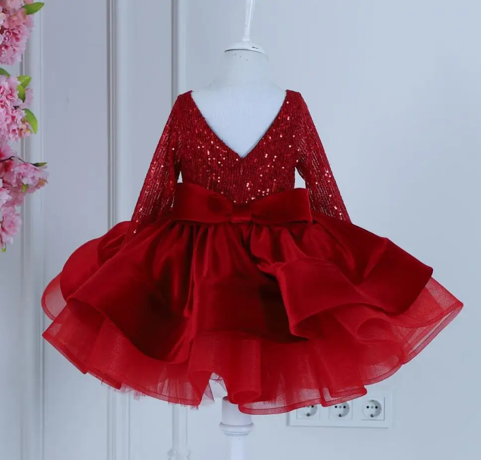 Vestido de tule vermelho do bebê, Mangas compridas, Top lantejoulas, Vestido de aniversário da princesa, Vestido de festa, Fofo