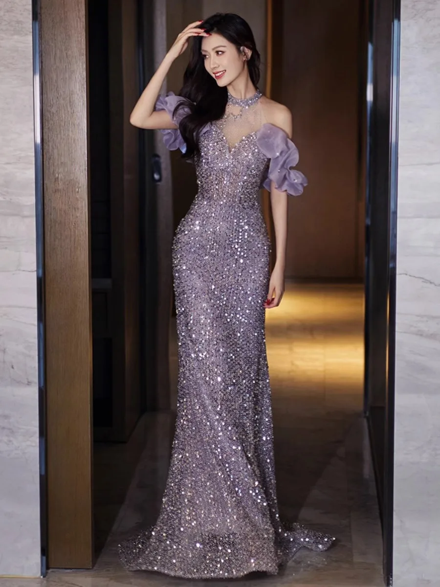 

Purple Sequin Evening Dress Women Hanging Neck Off the Shoulder Fishtail Prom Gown Elegant Modern Applique Cocktail Dresses