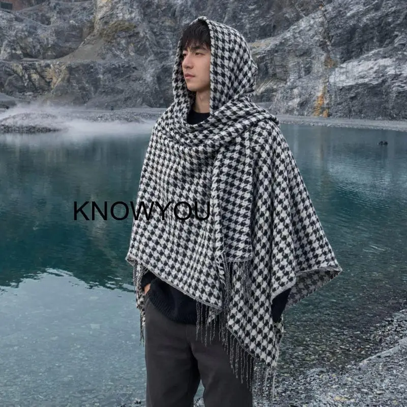 Men Split Cloak Warm Artificial Cashmere Pashmina Autumn Winter Coat National Style Travel Shawl Scarf Male Ponchos Capes