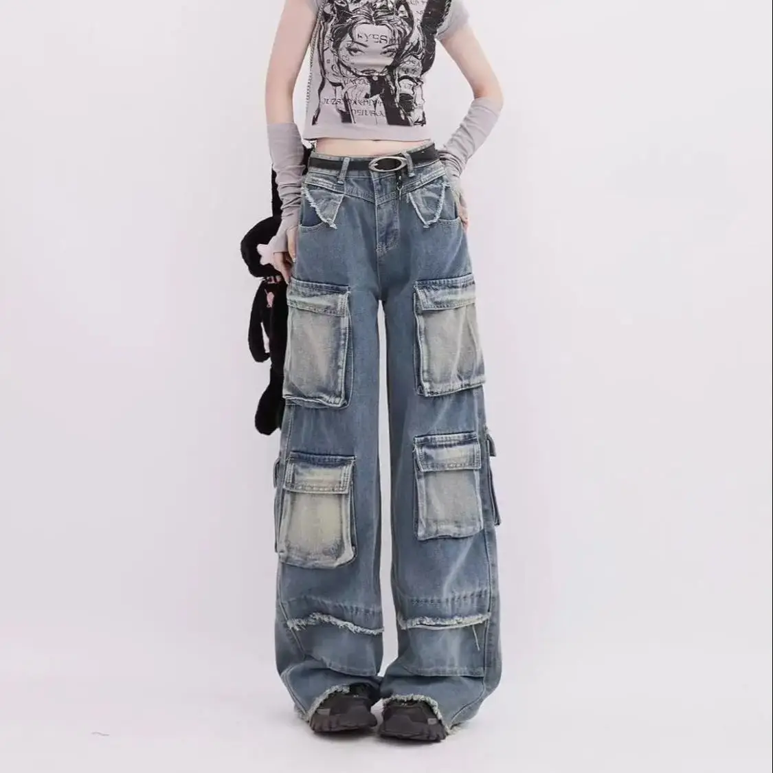 

Cargo Jeans Pants Multiple Pockets High Waist Y2K Streetwear Vintage Baggy Women Straight Wide Leg Lady High Street Trousers