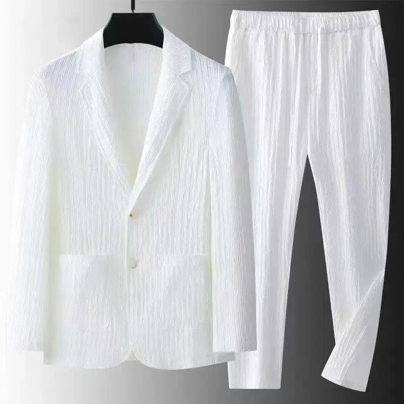 2026 Spring Summer Men 2 Piece Textured Business Suit White Lightweight Vest Jacket Elastic Waist Pants Office Casual Outfit