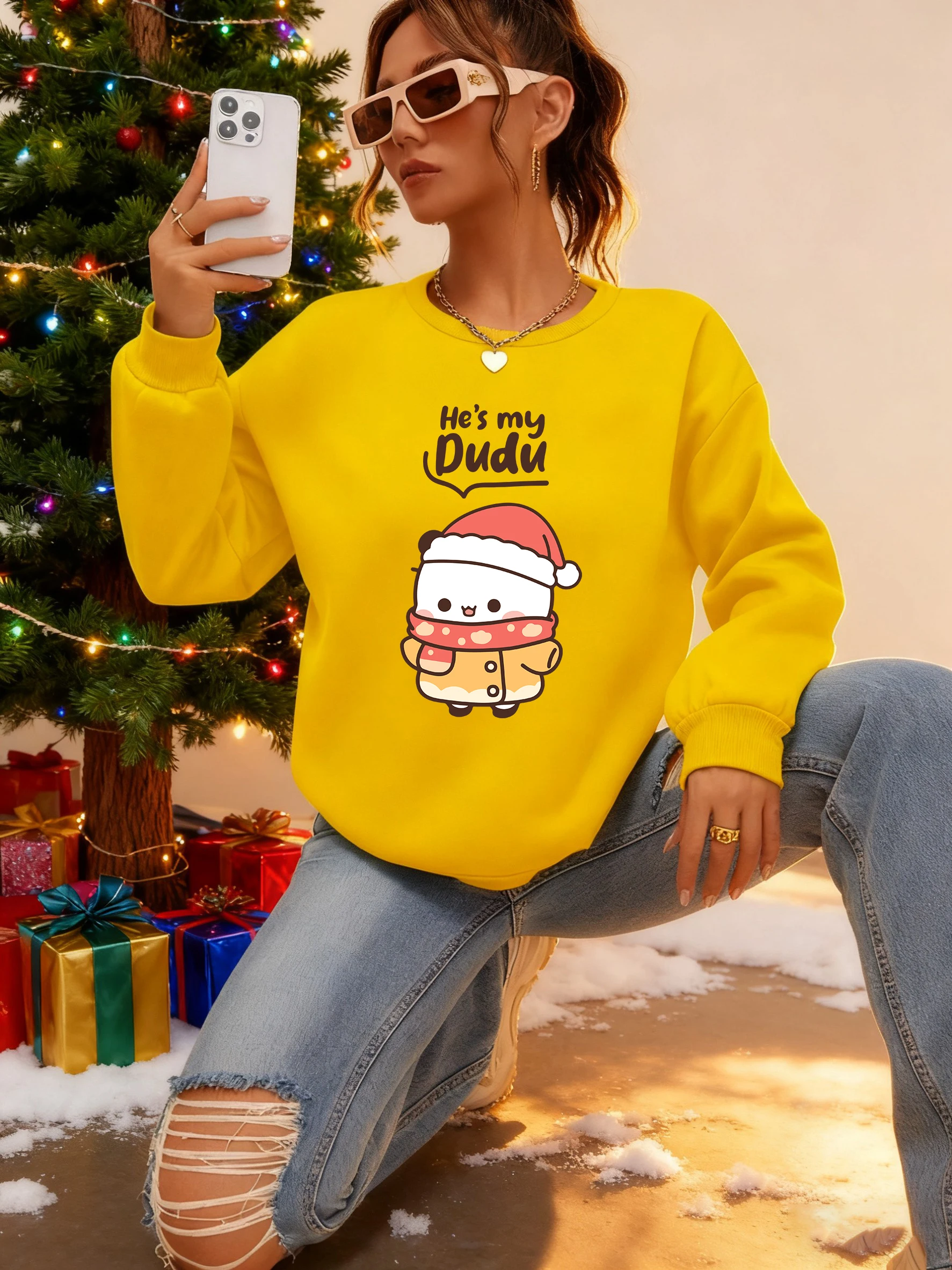 He'S My Dudu Cartoon Print Woman Sweatshirt Casual Crewneck Sportswear Loose Jogging Pullover Autumn Winter Fleece Clothing