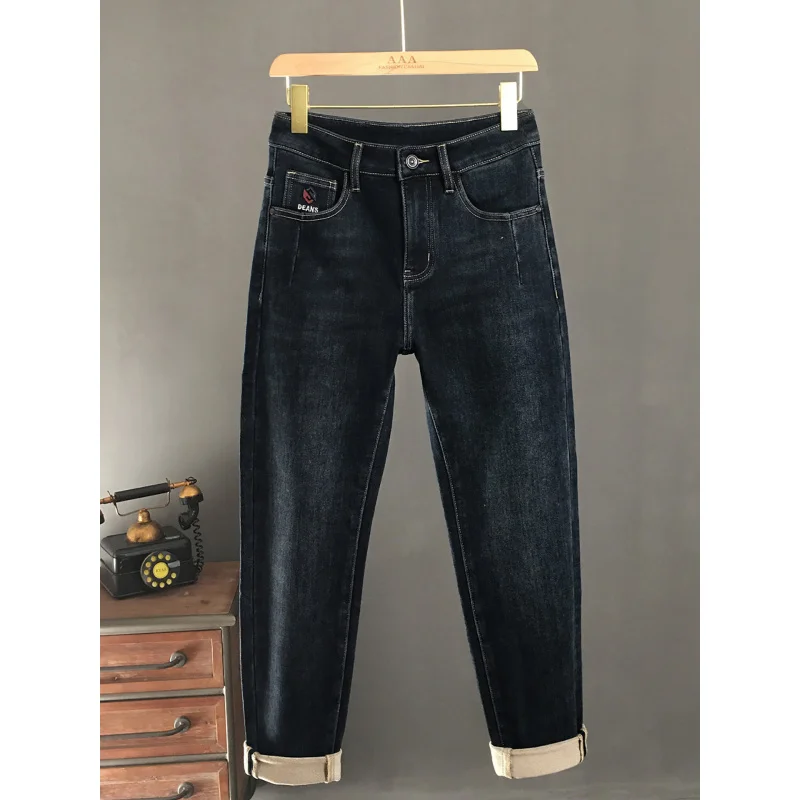 Winter thin fleece jeans for men 2025 new style brushed fleece warm slim fit small feet light luxury high-end minimalist pants