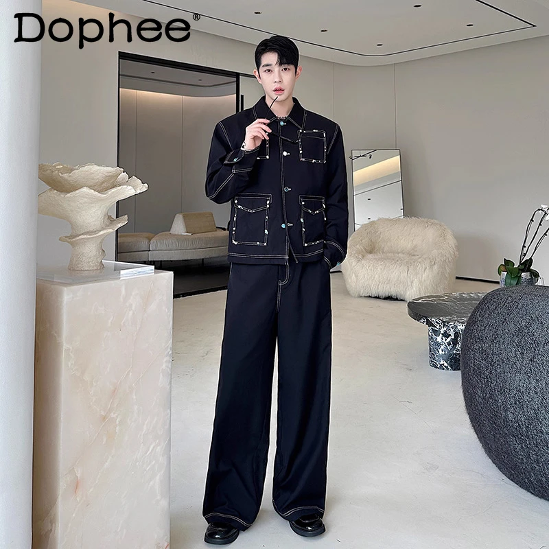 

2025 Autumn New Men's Fashion 2pcs Trendy Masculinity Handmade Gemstone Lapel Pocket Decoration Jacket Sets Retro Two-Piece Sets