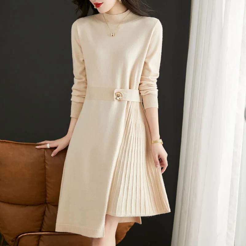 

2024 New Semi High Neck Elegant Woolen Dress for Women's Autumn and Winter New Look Slim, Medium Long Base Knitted Dress E2858