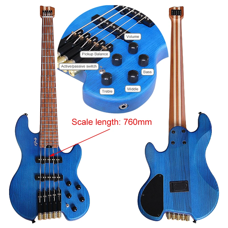 Brand New 5 String 36 Inch Headless Electric Bass Solid Ashwood 5pc ...