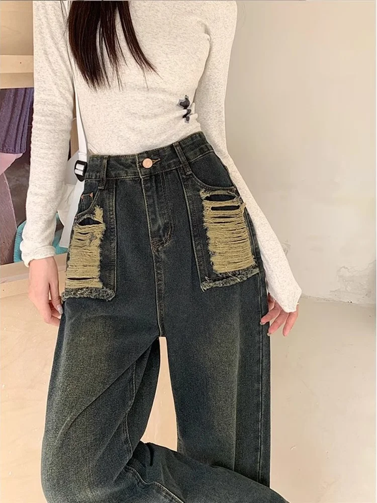 Taille haute jambe large américain rétro Denim pantalon ample pantalons longs pour poire aped femmes automne nouveau Sle taille haute droite...