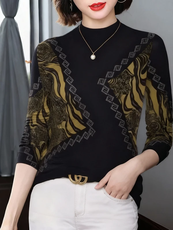 

Elegant Thickened Fleece Long Sleeve Printed Top for Middle-Aged Women High Collar Versatile Warm Stylish Polyester Fiber T-S...