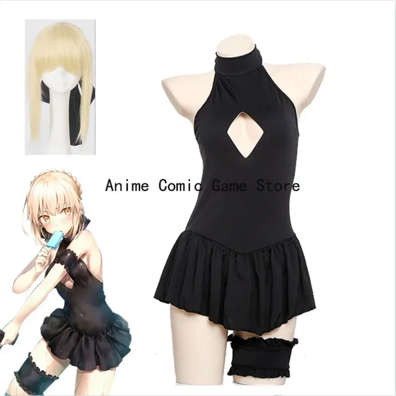 In Stock Anime FGO Sexy Alter Saber Cosplay Costume Wig Fate Grand Order Swimsuit Women Fate Stay Niight Black Sukumizyou Swimwe