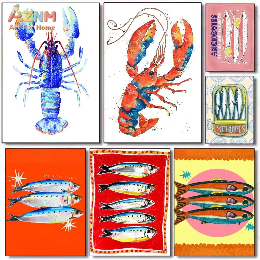 

1pc Colorful Sardines Lobster Fish Painting Calligraphy Modern Canvas Poster for Home Decor Living Room Wall Art